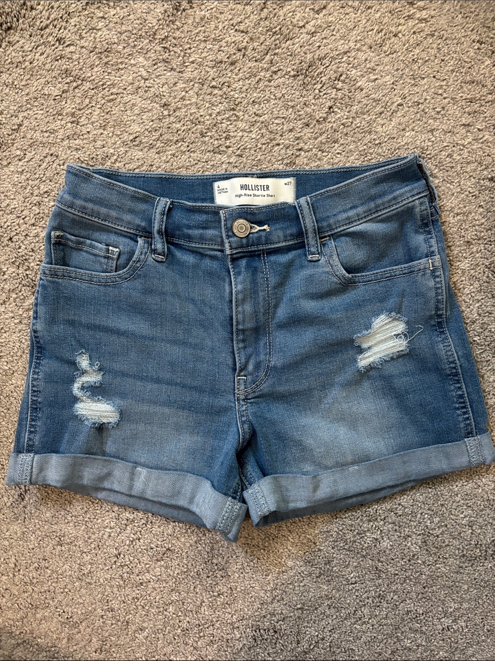 Hollister Medium Blue Rolled Hem Distressed Denim Shorts